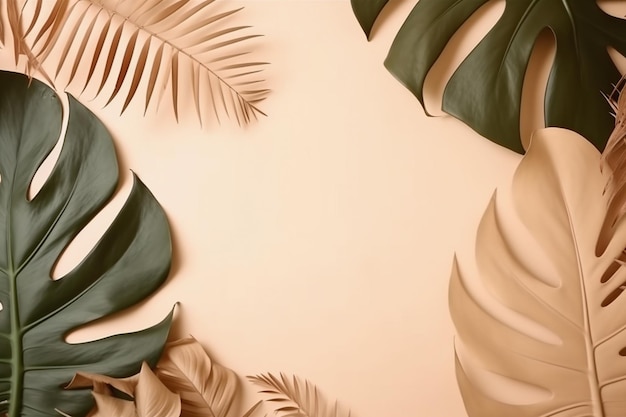 Tropical Leaves on Beige Background Ai generative