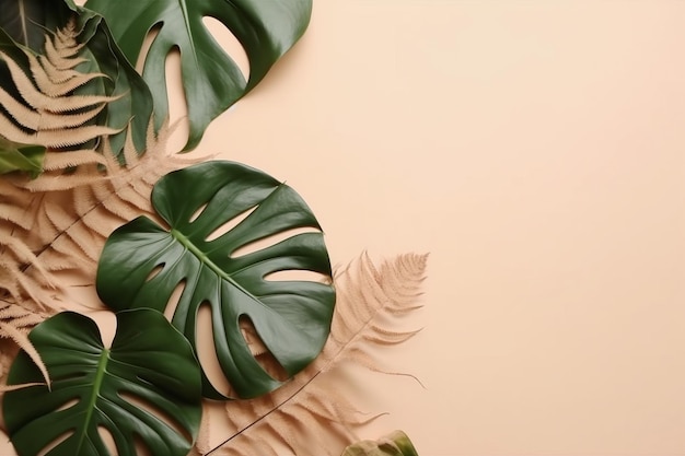 Tropical Leaves on Beige Background Ai generative