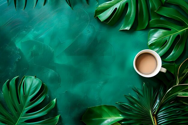 Tropical Leaves and Coffee Cup on Green Background Generative AI