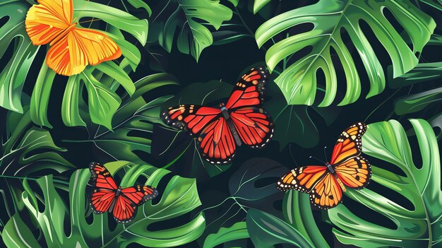 Photo tropical leaves and colorful butterflies