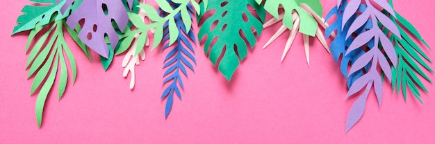 Tropical leaves cut from paper on pink.