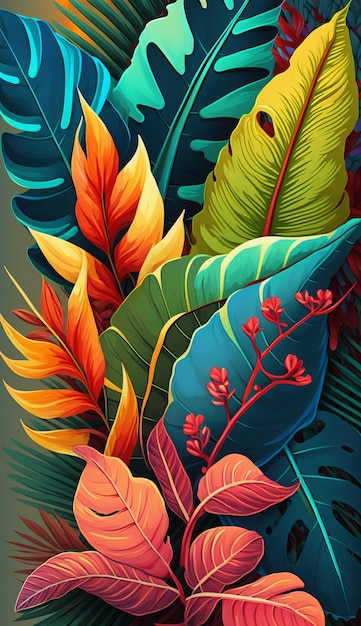 Tropical Leaves and Flowers. AI generative.