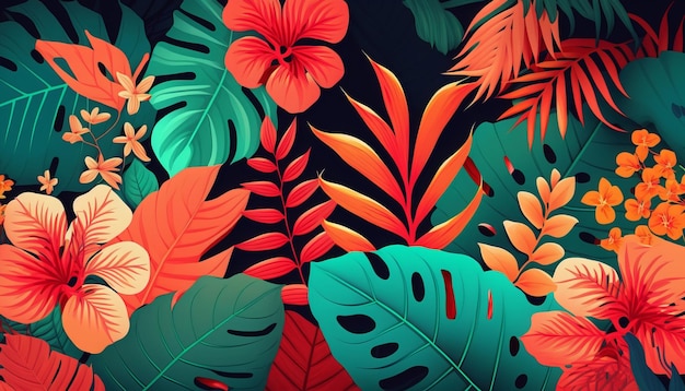 Tropical Leaves and Flowers. AI generative.