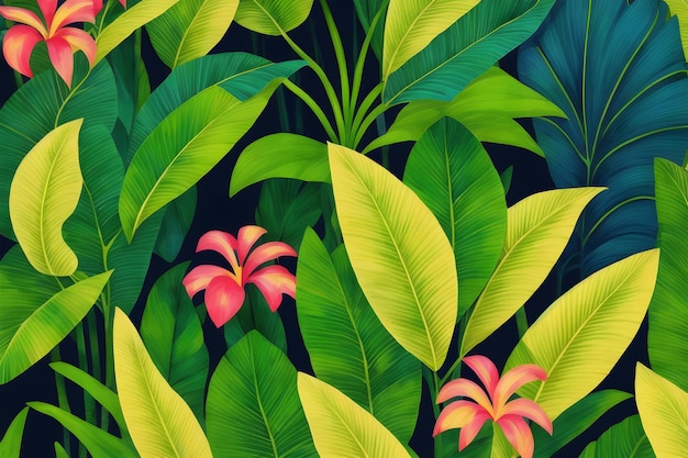 Tropical leaves and flowers on a black background.