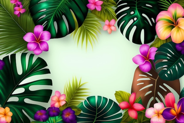 Tropical leaves frame on a white background