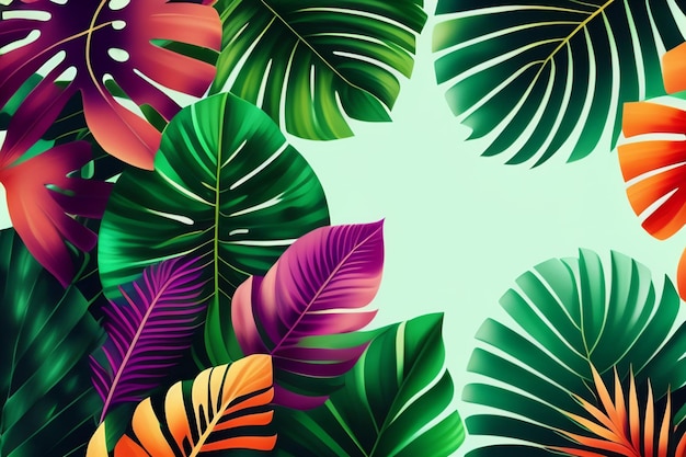 Tropical leaves on a green background