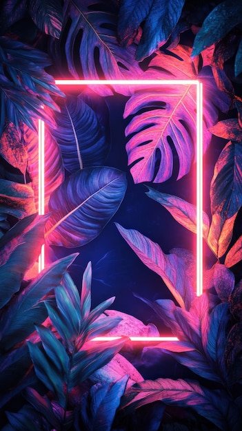 Tropical leaves illuminated by fluorescent neon light in square frame