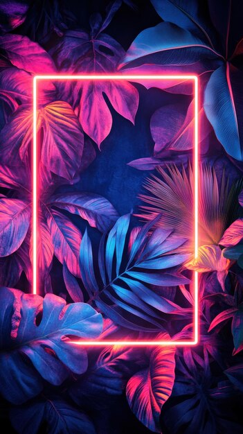 Photo tropical leaves illuminated by fluorescent neon light in square frame