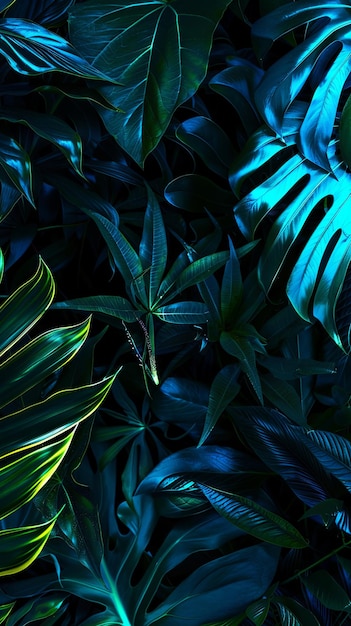 Tropical leaves Illuminated with blue and green