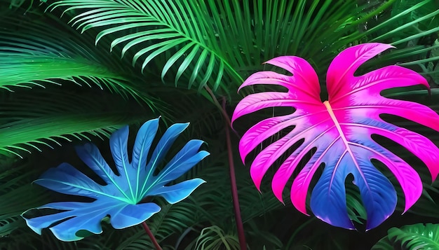 Photo tropical leaves illuminated with neon colors in a dark setting banner