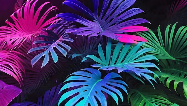 tropical leaves illuminated with neon colors in a dark setting banner