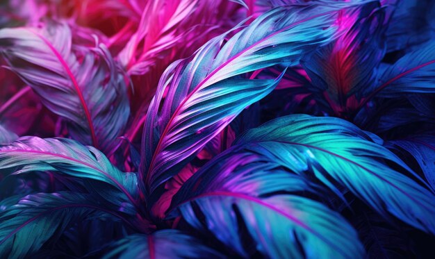 Tropical leaves in neon pink light wallpaper Exotic foliage background Natural textured For postcard book illustration card Created with generative AI tools