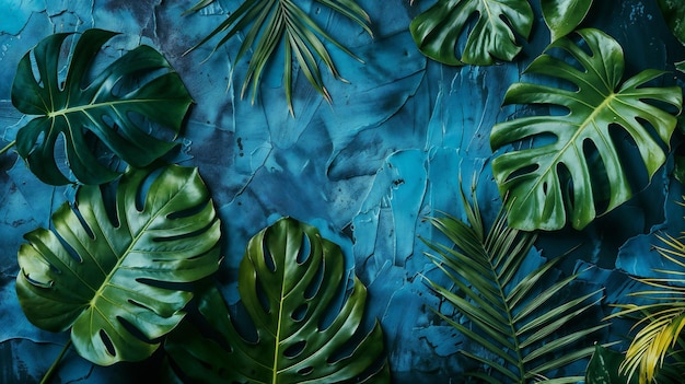 Photo tropical_leaves_on_a_vibrant_blue_background_showcasing_the_lushness_and_beauty_of_natures_greener