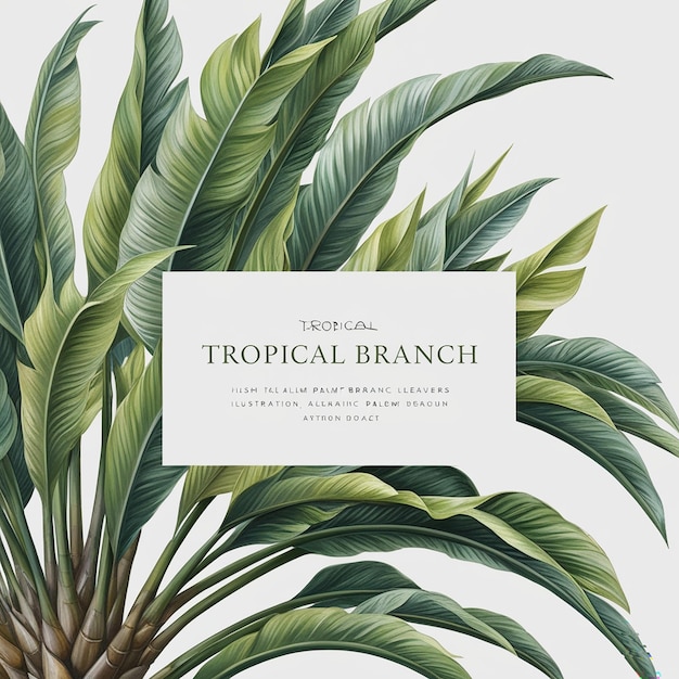 Tropical leaves palm branch realistic frame composition with transparent background and clusters of leaves with text