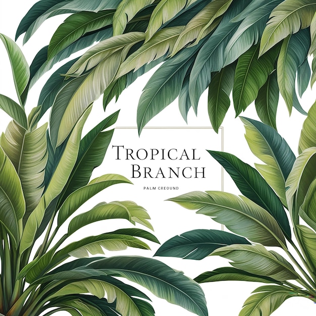 Tropical leaves palm branch realistic frame composition with transparent background and clusters of leaves with text