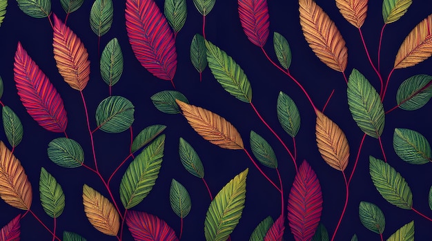 A Tropical Leaves Pattern Bursting with Purple and Orange Shades Beautifully Generated by AI