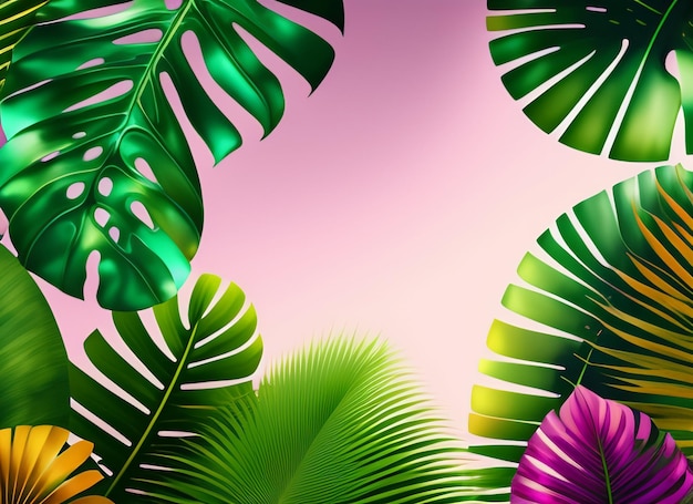 Tropical leaves on a pink background