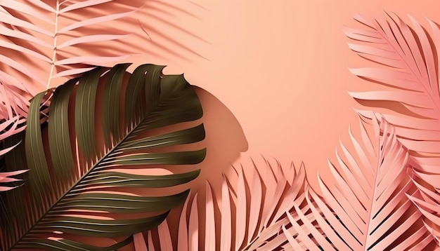 Tropical leaves on a pink background