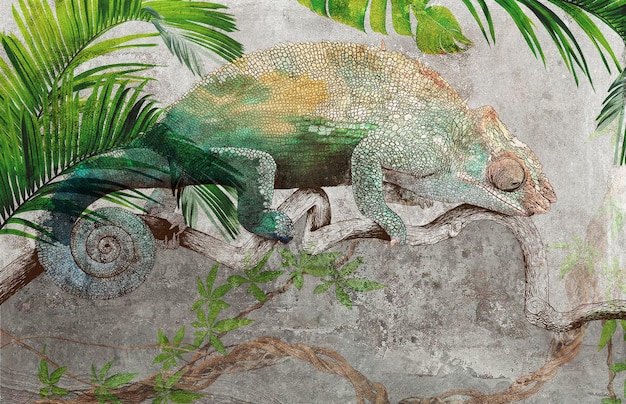 Tropical leaves and plants with drawn chameleon on concrete grunge wall