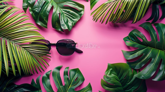 Photo tropical leaves sunglasses pink background