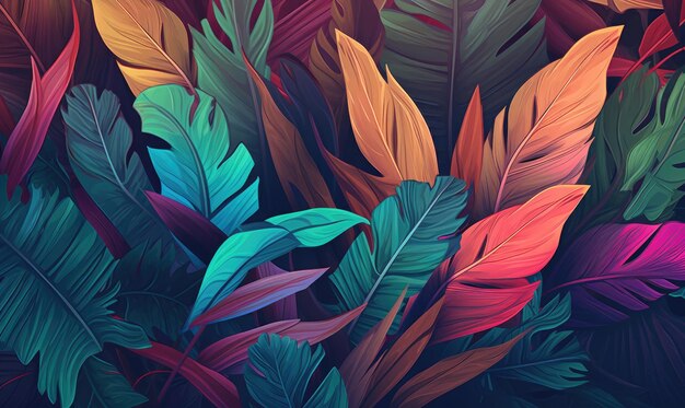 Tropical leaves textured wallpaper Creative colorful abstract surface banner For postcard book illustration card Created with generative AI tools