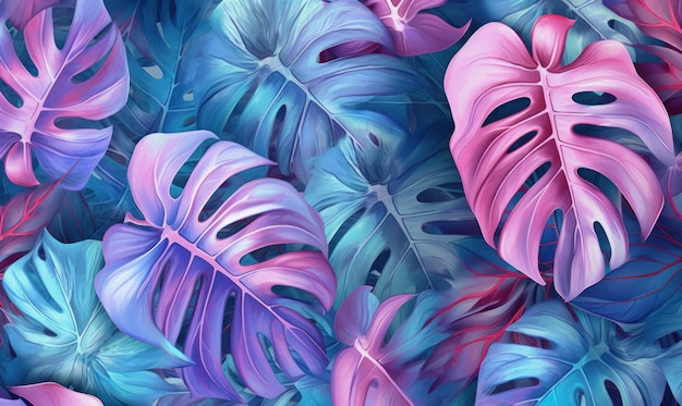 Tropical leaves textured wallpaper Creative monster pink and blue abstract surface banner For postca