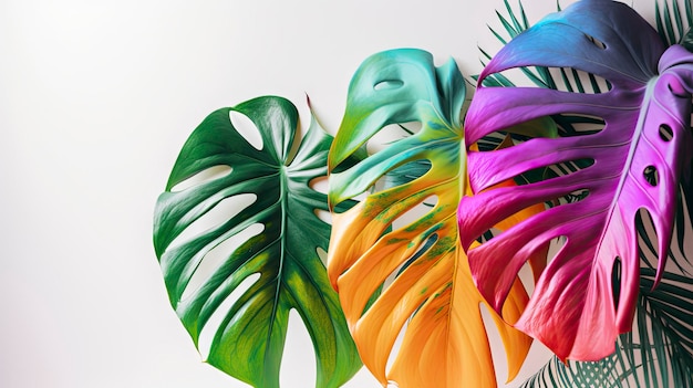 Tropical leaves in various colors on white space background Abstract monstera leaf decoration design ai generative