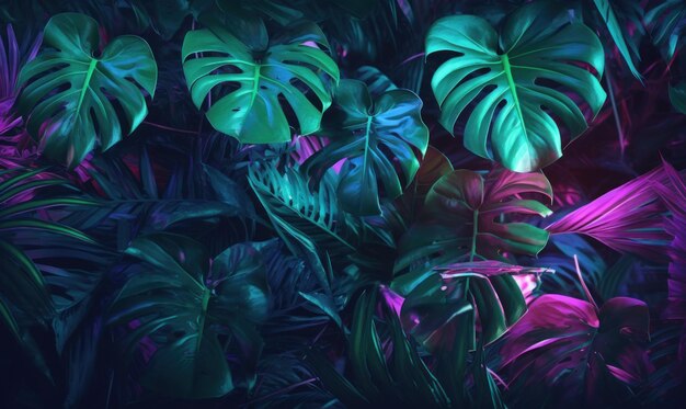 Tropical leaves wallpaper Colorful neon abstract foliage background For postcard book illustration card AI generative