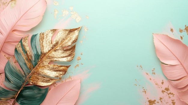 Photo tropical leaves with gold and pink accents on a teal background