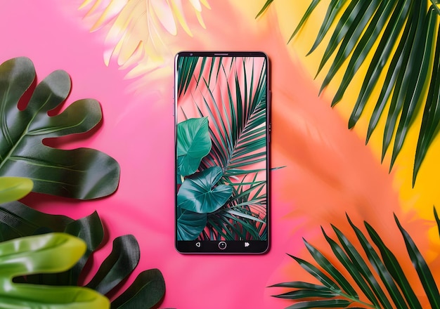 Tropical Leaves with Pink and Yellow Background and a Smartphone with a Tropical Leaf Wallpaper