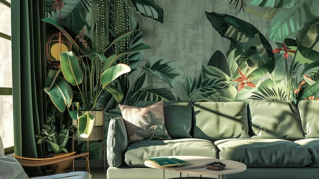 Photo tropical living room with green couch