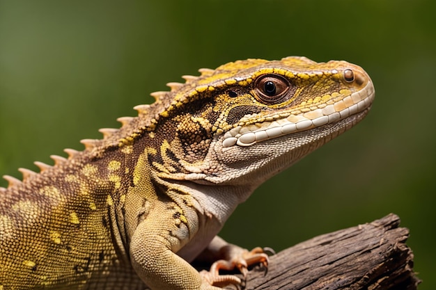 Tropical lizard in jungle on a sunny day Rainforest illustration with bright colorful reptile among exotic plants with big leaves Background with pristine nature landscape Generative AI