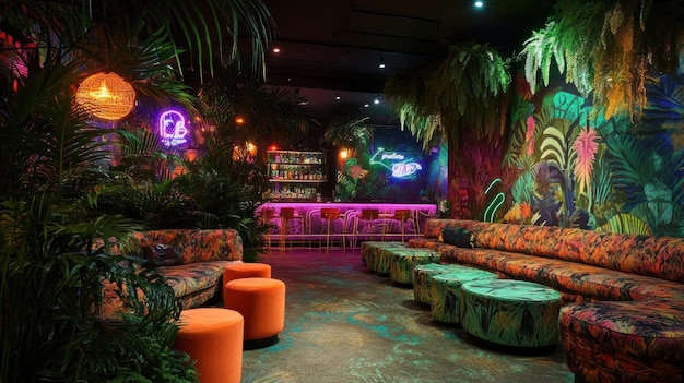 Tropical Lounge Bar with Neon Lights