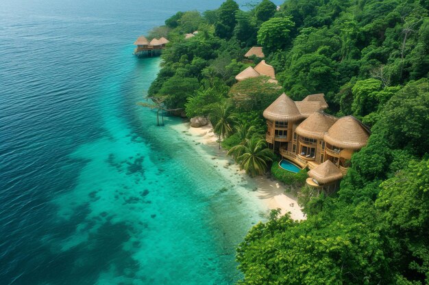 A tropical luxury hotel nestled within a lush rainforest canopy