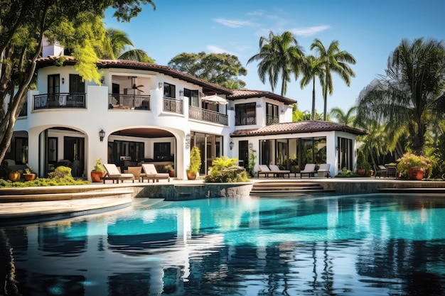 Tropical luxury modern residence pool and tranquil palm trees