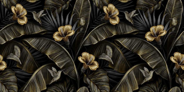 Tropical luxury vintage seamless pattern with gold hibiscus, colibri birds, banana leaves, palm leaves