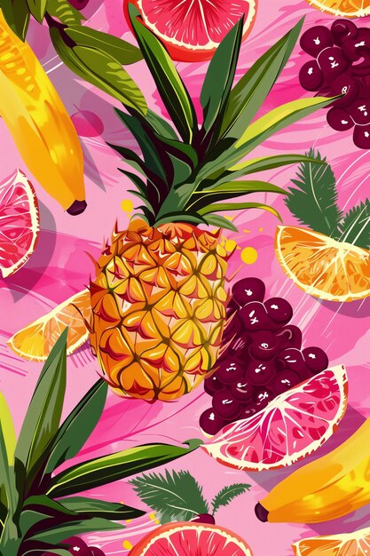 Photo tropical magenta pattern with exotic fruits summer background illustration