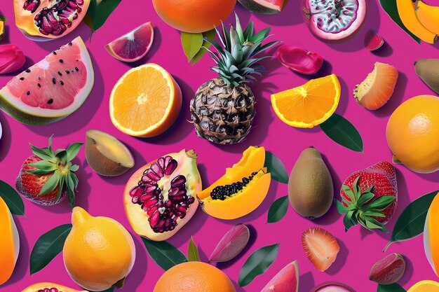 Photo tropical magenta pattern with exotic fruits summer background illustration