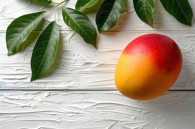 Photo tropical mango and green leaves on textured white wooden background ideal for food photography and print design