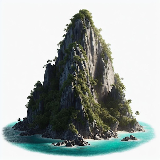 A tropical natural island peak or mountain posed on a white background