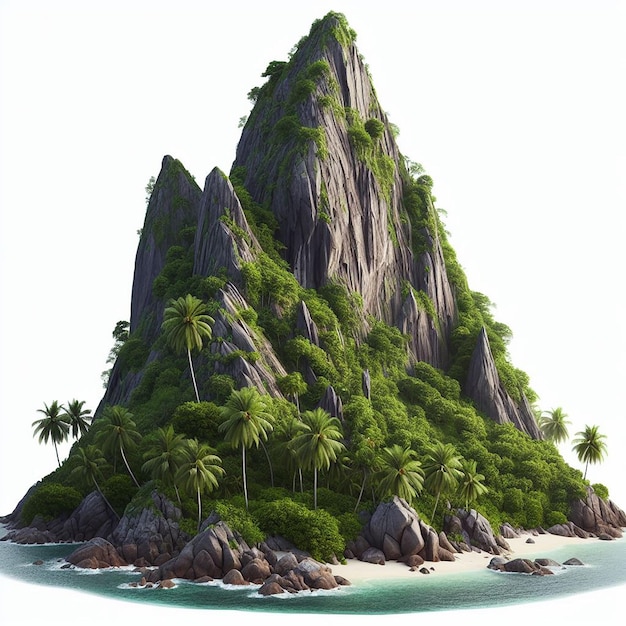 A tropical natural island peak or mountain posed on a white background