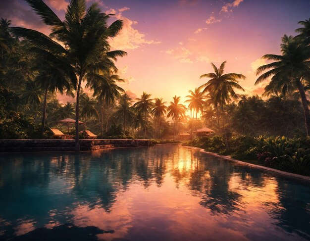 Tropical natural landscape with coconut palm trees at sunset backdrop amazing tropic scenery Concept of summer vacation and travel holiday Fantastic sunrise for vacation design Copy ad text space