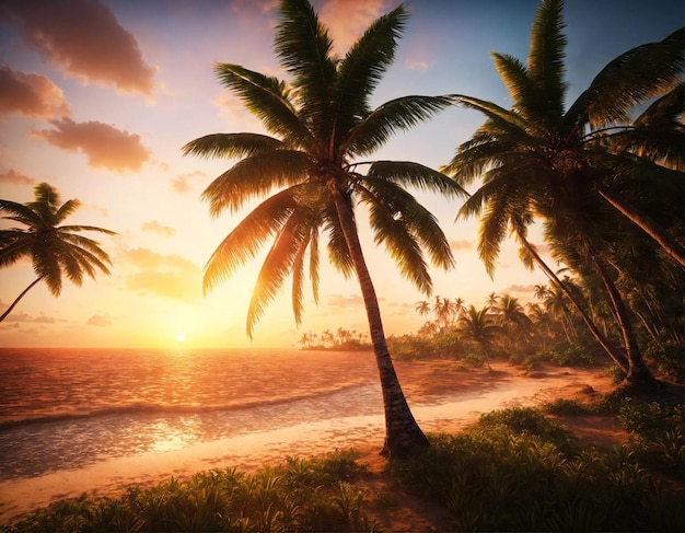 Tropical natural landscape with coconut palm trees at sunset backdrop amazing tropic scenery Concept of summer vacation and travel holiday Fantastic sunrise for vacation design Copy ad text space