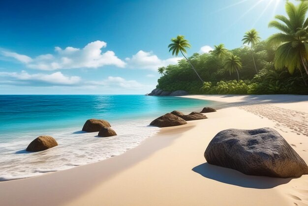 Tropical natural ocean coastline landscape with stone on sandy beach amazing tropic scenery Fantastic image sea for vacation design Concept of summer vacation and travel holiday Copy ad text space