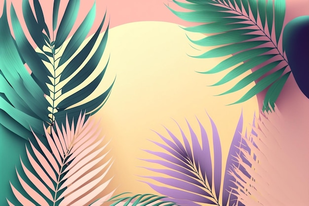 Tropical neon iridescent green palm leaves floral pattern background illustration with copy space