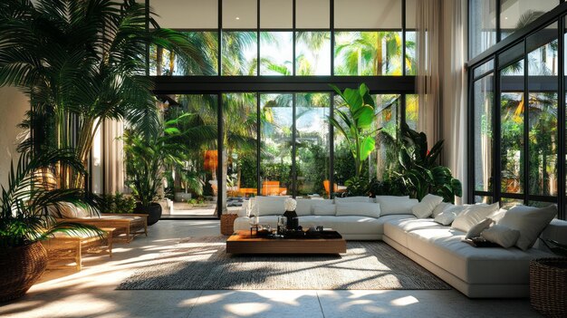 Tropical Oasis Luxurious Interior with Lush Plants Natural Light