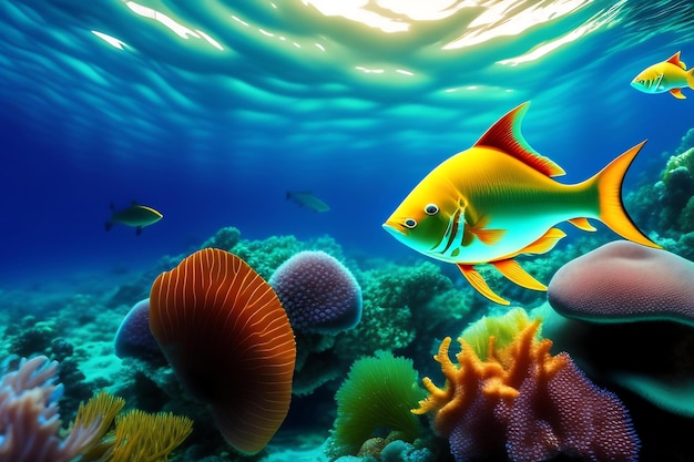 Tropical ocean underwater sea Snorkeling with coral reefs and schools of colorful fish