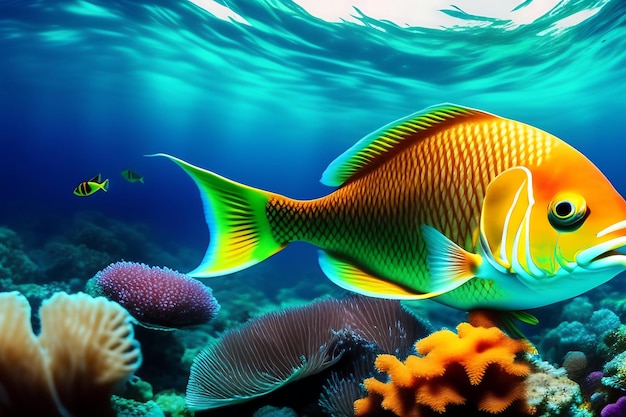 Tropical ocean underwater sea Snorkeling with coral reefs and schools of colorful fish