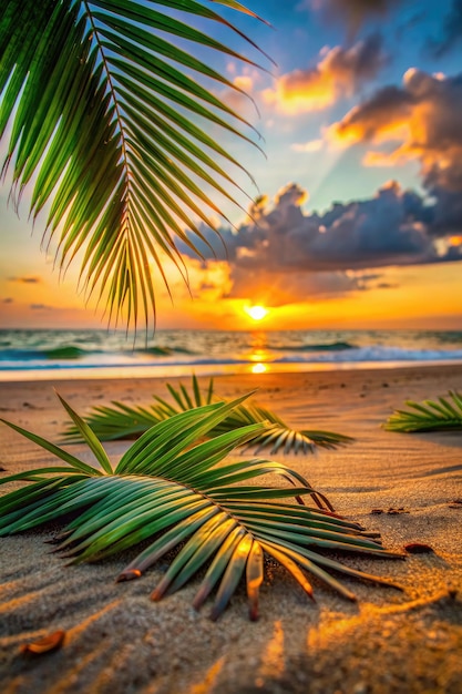 Tropical Palm Fronds On Sandy Beach At Sunset Generative AI