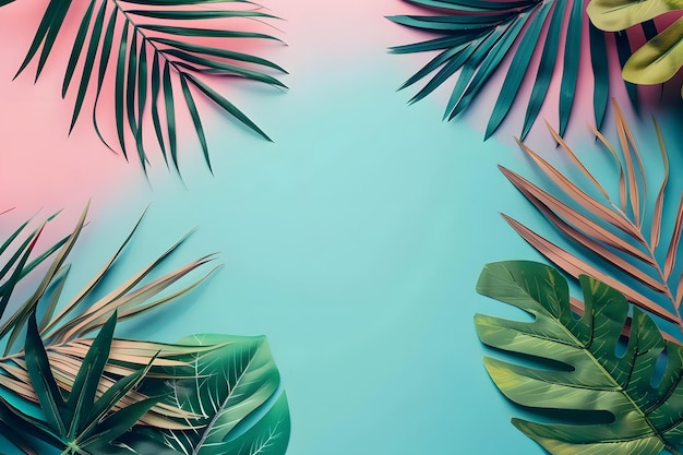 Tropical Palm Leaves on Blue and Pink Background Generative AI